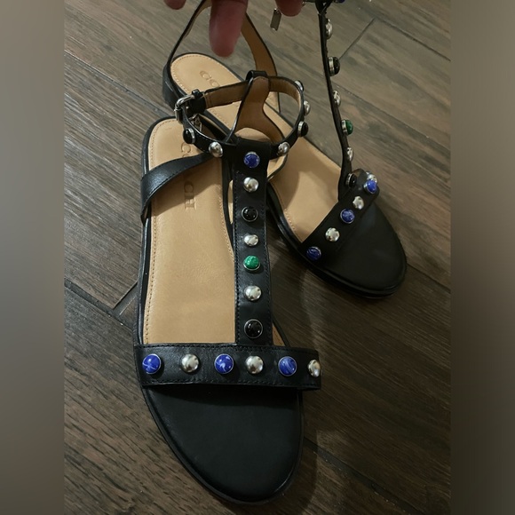 Coach Sadie Leather boho Embellished T-Strap Black Sandals Size 7.5 - Picture 5 of 12